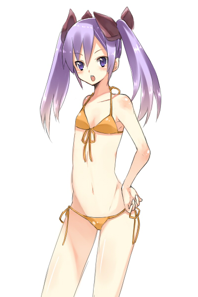 maguro (gulen-x), tsukiriran, hiiragi kagami, lucky star, bad id, bad pixiv id, 00s, 1girl, bikini, blue eyes, female focus, flat chest, front-tie top, hand on own hip, hip focus, long hair, orange bikini, purple hair, side-tie bikini bottom, simple background, solo, swimsuit, tsurime, twintails
