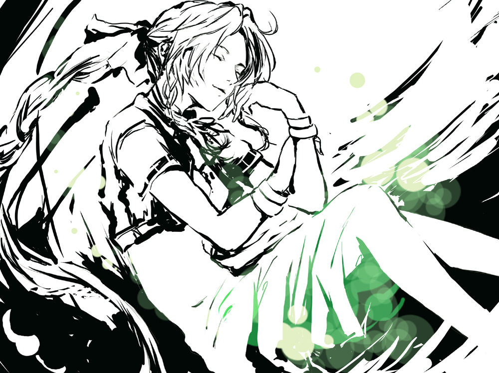 da huang, dai ki, aerith gainsborough, final fantasy, final fantasy vii, 1990s (style), 1girl, adjusting hair, closed eyes, cropped jacket, dress, female focus, green theme, high contrast, long hair, monochrome, ponytail, retro artstyle, sitting, smile, solo