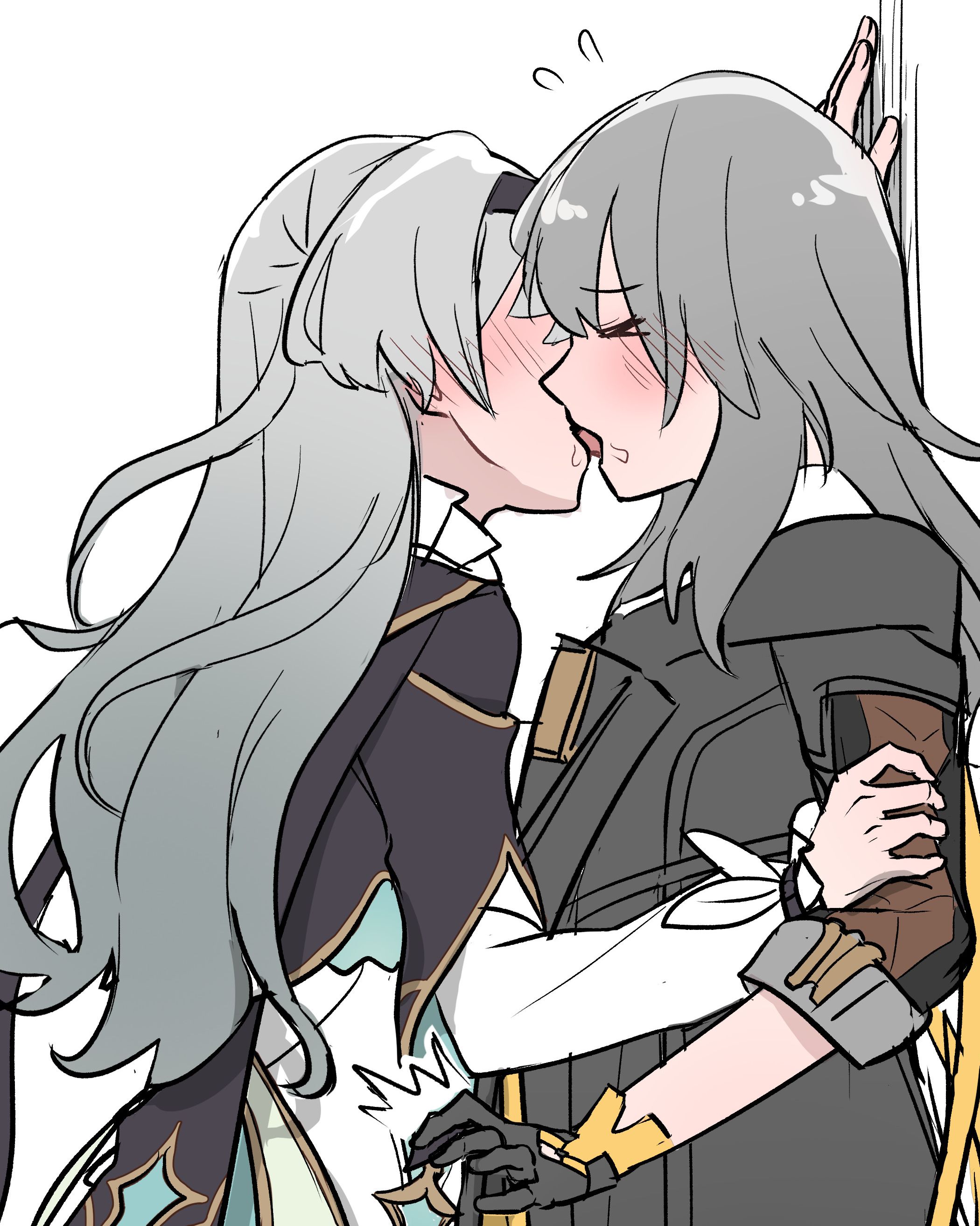 trap (trap 2023), firefly (honkai: star rail), stelle (honkai: star rail), trailblazer (honkai: star rail), honkai: star rail, honkai (series), absurdres, commentary, english commentary, highres, 2girls, against wall, black gloves, black hairband, black jacket, blue dress, blush, closed eyes, dress, fingernails, flying sweatdrops, french kiss, gloves, grey hair, hair between eyes, hairband, hand up, holding another's arm, jacket, kiss, lapels, long hair, long sleeves, multiple girls, neckerchief, open mouth, puffy long sleeves, puffy sleeves, sailor collar, saliva, sidelocks, simple background, tongue, tongue out, two-tone dress, upper body, white background, white dress, yellow neckerchief, yuri