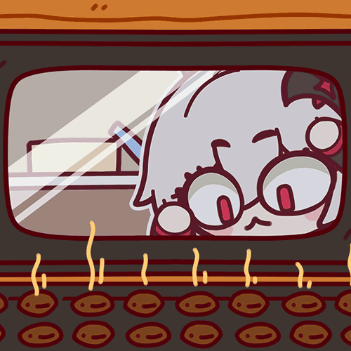 luna (honkai impact), honkai (series), honkai impact 3rd, animated, animated gif, lowres, 1girl, bat hair ornament, burnt cookies, closed mouth, cookie, food, from inside, grey hair, hair ornament, open mouth, oven, red pupils, solo, surprised, xixi fei