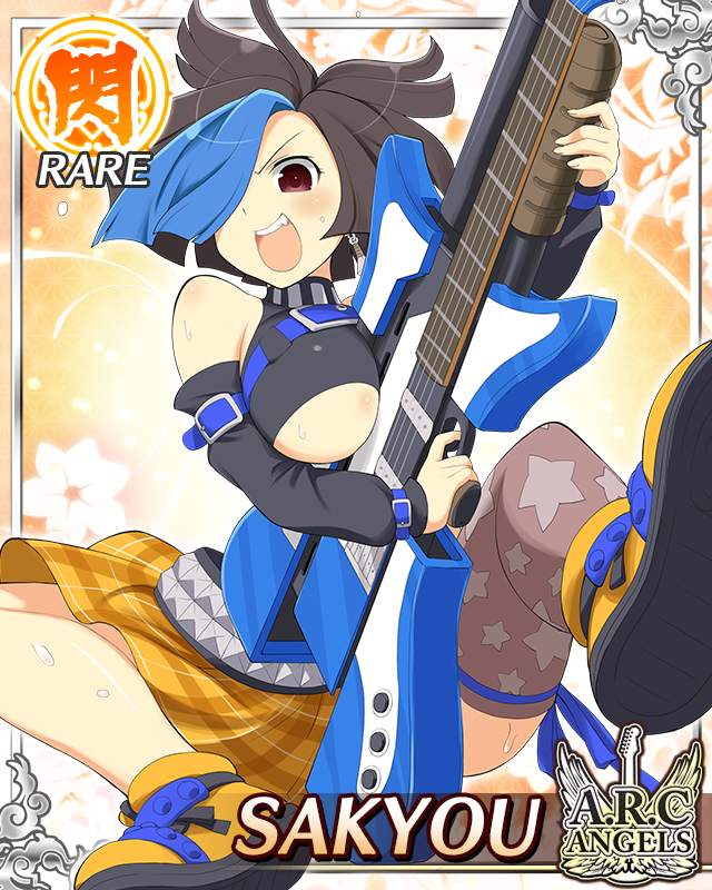 sakyou (senran kagura), senran kagura, senran kagura new wave, game cg, official art, 1girl, :d, belt, black hair, black shirt, black sleeves, blue belt, blue hair, border, breasts, card (medium), character name, cleavage, detached sleeves, earrings, english text, guitar, gun, hair over one eye, holding, holding guitar, holding gun, holding instrument, holding weapon, instrument, jewelry, kunai earrings, large breasts, midriff, multicolored hair, navel, open mouth, plaid clothes, plaid skirt, red eyes, shirt, short hair, side slit, single earring, single thighhigh, sitting, skirt, smile, solo, star (symbol), star print, sweat, thighhighs, two-tone hair, underboob, weapon, weaponized instrument, yellow skirt