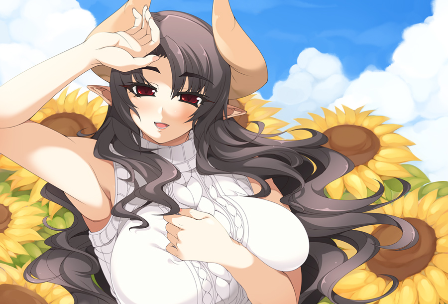 mel/a, akatsuki francesca, original, 1girl, armpits, black hair, breasts, brown hair, demon girl, female focus, flower, horns, huge breasts, long hair, mature female, pointy ears, red eyes, solo, sunflower, sweater