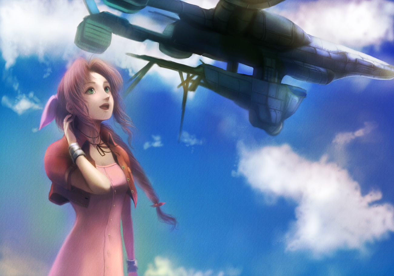 dodon (reina), reina (artist), aerith gainsborough, final fantasy, final fantasy vii, bad id, bad pixiv id, 1990s (style), 1girl, adjusting hair, aircraft, airship, brown hair, cloud, cropped jacket, day, dress, female focus, flying, green eyes, highwind, pink dress, retro artstyle, sky, smile, solo