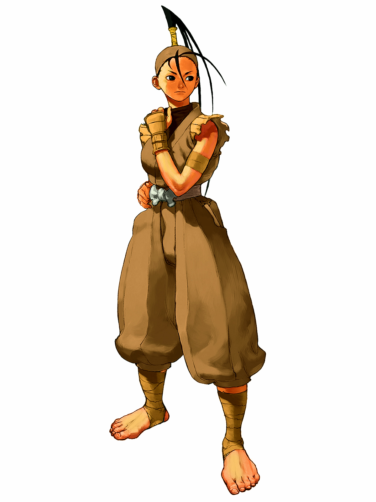 ikeno daigo, ibuki (street fighter), capcom, street fighter, street fighter iii (series), highres, official art, 1girl, armband, bandages, barefoot, black hair, clothing cutout, female focus, fingerless gloves, full body, gloves, headband, hip vent, japanese clothes, ninja, ponytail, solo, standing