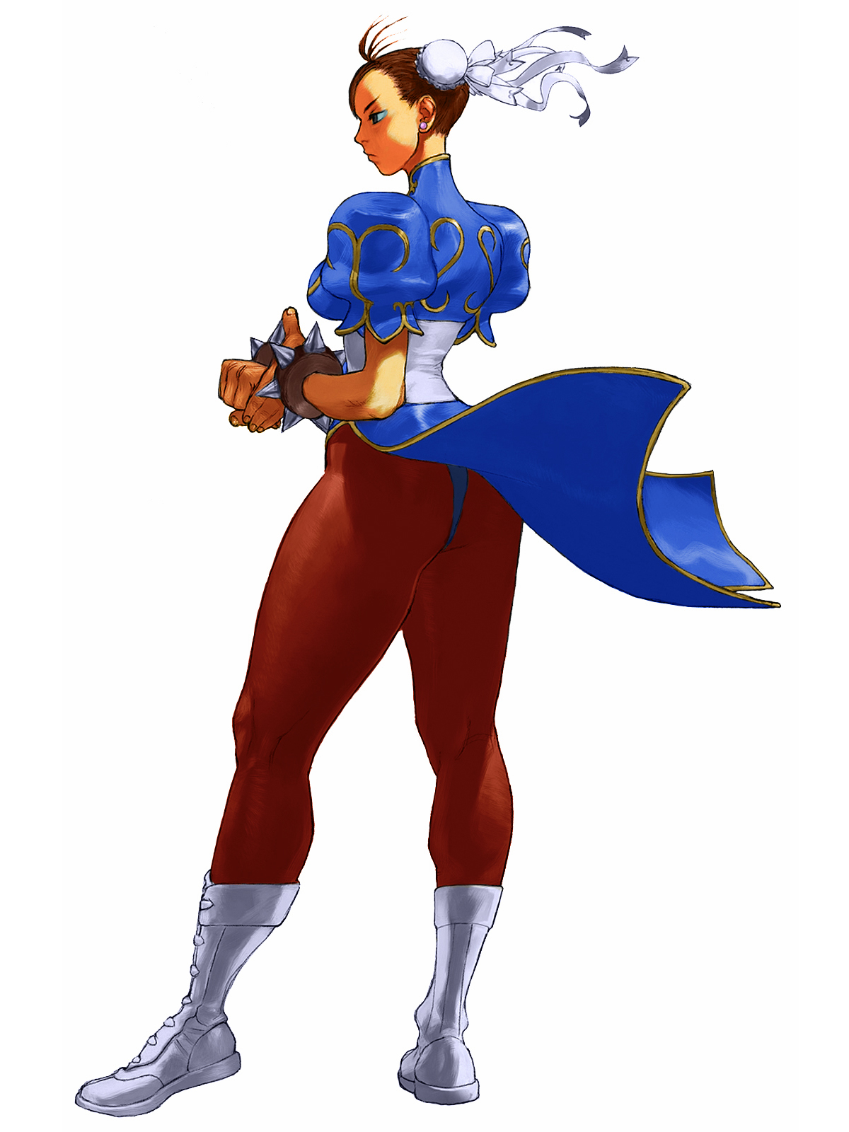ikeno daigo, chun-li, capcom, street fighter, street fighter iii (series), highres, official art, 1girl, ass, boots, bracelet, brown hair, bun cover, china dress, chinese clothes, double bun, dress, earrings, female focus, from behind, hair bun, jewelry, pantyhose, pelvic curtain, sash, simple background, solo, spiked bracelet, spikes