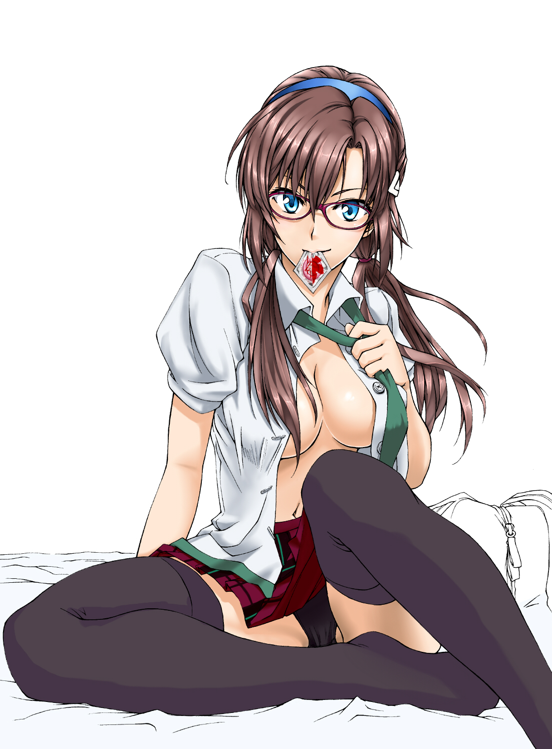 swimmer?, makinami mari illustrious, evangelion: 2.0 you can (not) advance, neon genesis evangelion, rebuild of evangelion, bad id, bad pixiv id, highres, 00s, 1girl, bed, blue eyes, breasts, brown hair, condom, condom in mouth, female focus, glasses, large breasts, long hair, mouth hold, navel, necktie, no bra, open clothes, open shirt, plaid clothes, plaid skirt, school uniform, shirt, skirt, solo, thighhighs, twintails, unbuttoned, undressing, zettai ryouiki