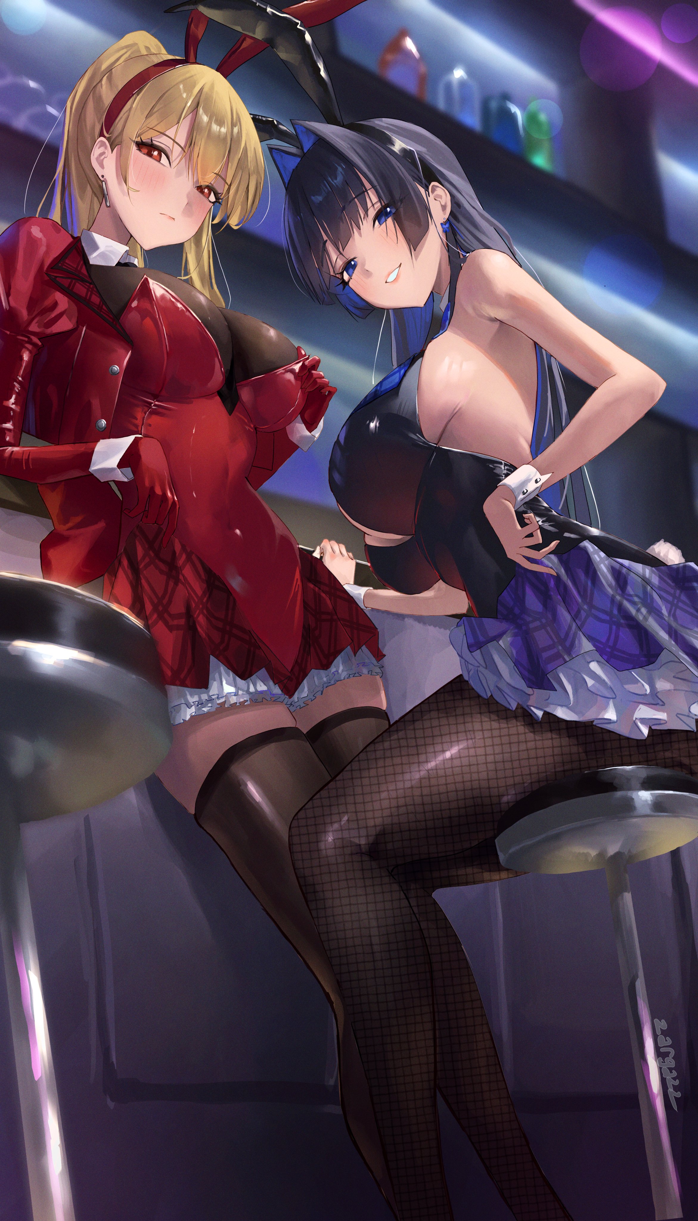 zargaz, kaela kovalskia, ouro kronii, hololive, hololive english, hololive indonesia, absurdres, hashtag-only commentary, highres, 2girls, against table, alternate costume, animal ear hairband, animal ears, bar (place), bar stool, black hair, black leotard, black pantyhose, black thighhighs, blonde hair, blue eyes, blue hair, blue skirt, blunt bangs, blush, breasts, bunny girl (akasaki), cleavage, collarbone, colored inner hair, curtains, detached collar, double-parted bangs, earrings, fake animal ears, fishnet pantyhose, fishnets, frilled skirt, frills, from below, gloves, hair intakes, hairband, high ponytail, jacket, jewelry, large breasts, layered skirt, leotard, long hair, long sleeves, looking at viewer, multicolored hair, multiple girls, pantyhose, parted lips, plaid clothes, plaid skirt, playboy bunny, ponytail, rabbit ear hairband, rabbit ears, rabbit tail, red eyes, red gloves, red jacket, red leotard, red skirt, sideboob, sitting, skirt, smile, stool, straight hair, tail, thighhighs, very long hair, virtual youtuber, wrist cuffs