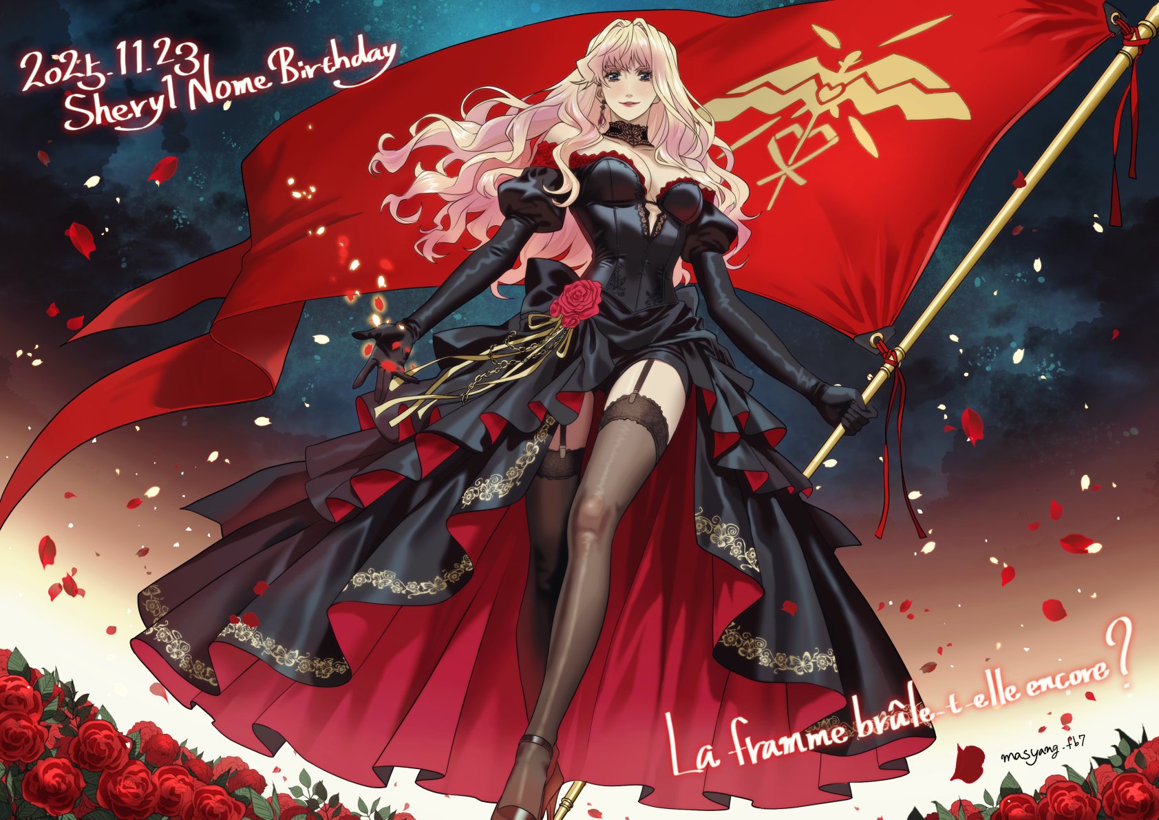 ryu (masu nantoka-san), sheryl nome, macross, macross frontier, commentary request, highres, 1girl, alternate costume, birthday, black dress, black gloves, black shoes, blonde hair, blue eyes, blush, breasts, brown thighhighs, character name, closed mouth, dated, dress, earrings, falling petals, flag, flower, garter straps, gloves, high heels, holding, holding flag, jewelry, lace, lace-trimmed thighhighs, lace trim, large breasts, long hair, long sleeves, looking at viewer, off-shoulder dress, off shoulder, petals, puffy sleeves, red flower, red petals, red rose, rose, shoes, single earring, solo, standing, thighhighs, twitter username, two-sided dress, two-sided fabric, wavy hair
