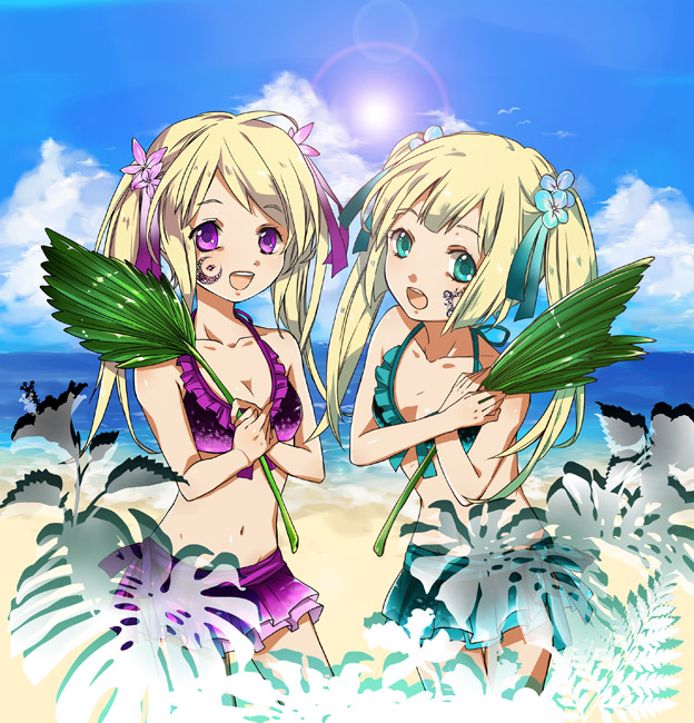 hortense (sound horizon), violette (sound horizon), roman (sound horizon), sound horizon, 2girls, bikini, day, decal, facial tattoo, multiple girls, swimsuit, tattoo