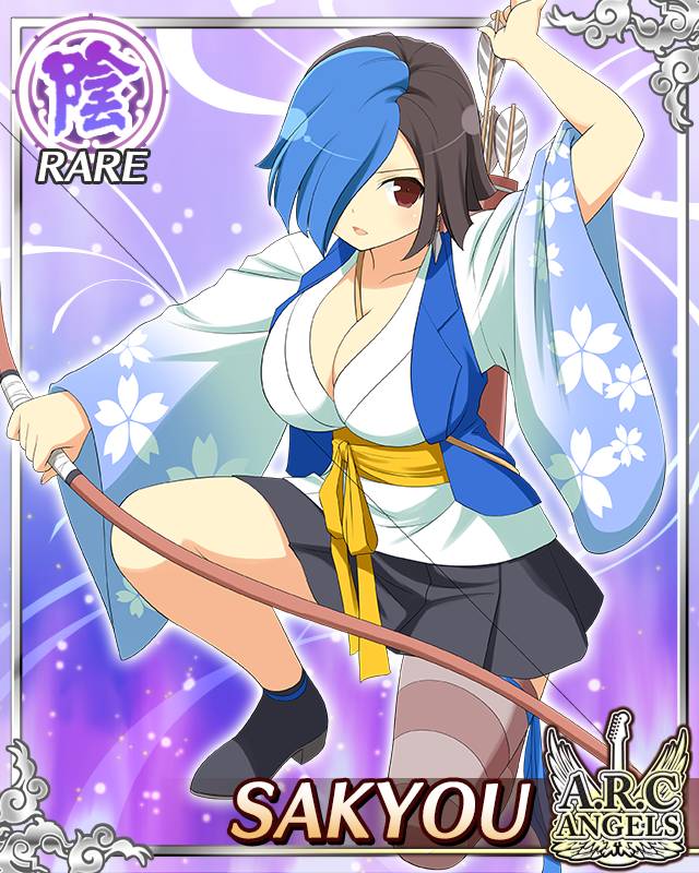 sakyou (senran kagura), senran kagura, senran kagura new wave, game cg, official art, 1girl, :o, arrow (projectile), between breasts, black hair, black skirt, black vest, blue hair, border, bow (weapon), breasts, card (medium), character name, cleavage, english text, floral print, floral print kimono, hair over one eye, holding, holding bow (weapon), holding weapon, japanese clothes, kimono, large breasts, looking at viewer, multicolored hair, on one knee, print kimono, red eyes, short hair, single thighhigh, skirt, solo, strap between breasts, striped clothes, striped thighhighs, thighhighs, two-tone hair, vest, weapon, white kimono