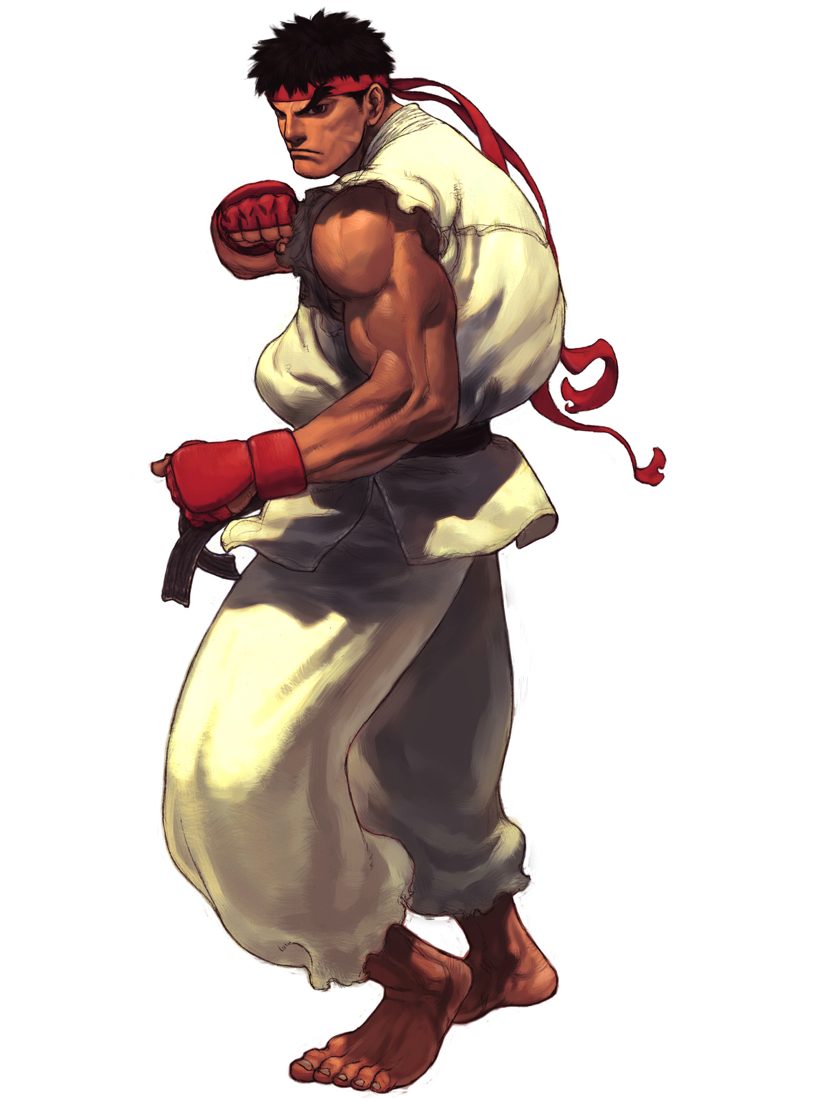 ikeno daigo, ryu (street fighter), capcom, street fighter, street fighter iii (series), highres, official art, 1boy, barefoot, black hair, dougi, fighting stance, fingerless gloves, gloves, headband, male focus, muscular, short hair, solo