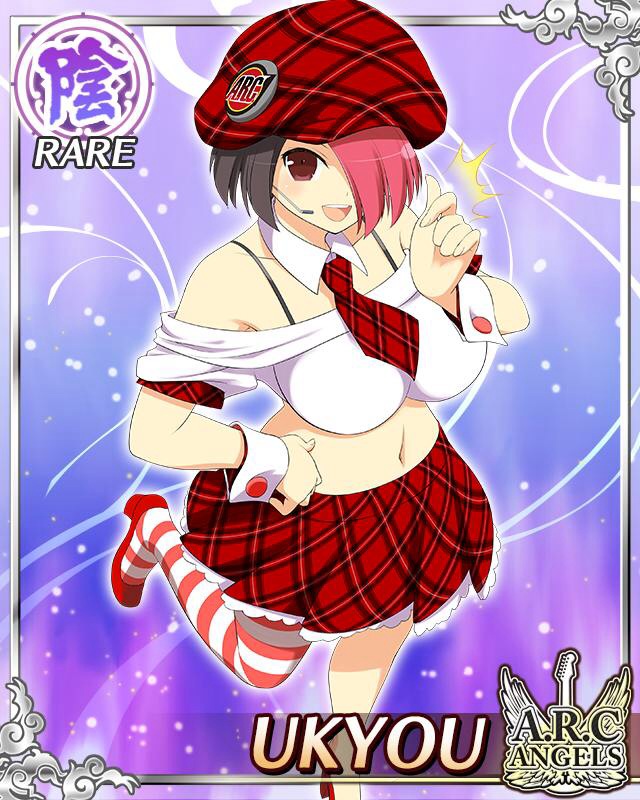 ukyou (senran kagura), senran kagura, senran kagura new wave, game cg, official art, 1girl, :d, black hair, border, bra strap, breasts, card (medium), character name, crop top, english text, hair over one eye, hand on own hip, hand up, hat, high heels, large breasts, microphone, multicolored hair, navel, open mouth, plaid clothes, plaid skirt, red eyes, red hair, red hat, red skirt, short hair, single thighhigh, skirt, smile, solo, standing, standing on one leg, thighhighs, two-tone hair, wrist cuffs
