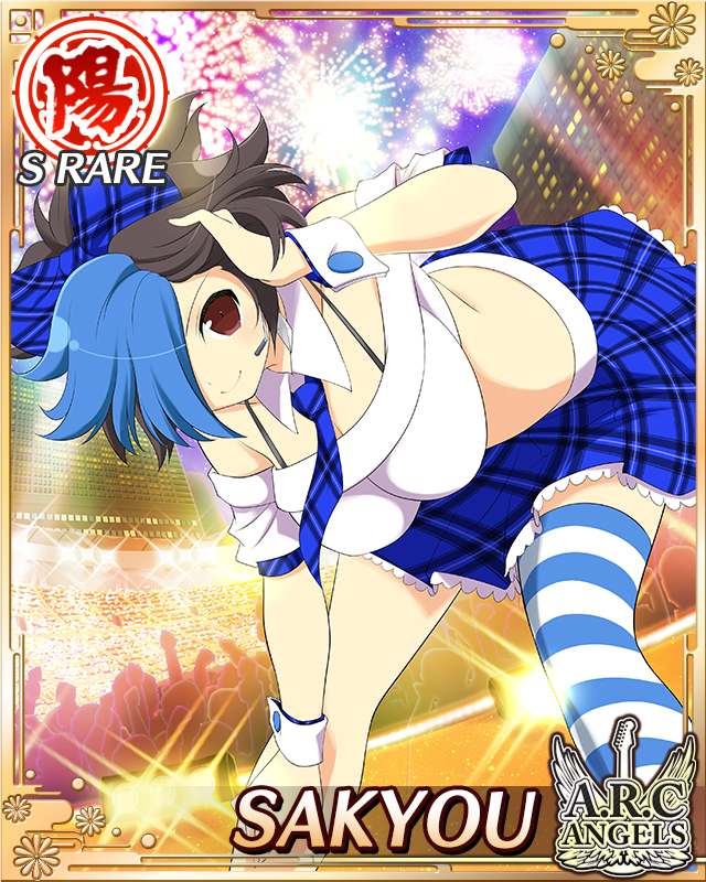 sakyou (senran kagura), senran kagura, senran kagura new wave, game cg, official art, 1girl, aerial fireworks, audience, black hair, blue bow, blue hair, blue necktie, blue skirt, border, bow, bra, breasts, card (medium), character name, crop top, english text, fireworks, hair bow, hair over one eye, large breasts, multicolored hair, necktie, night, night sky, red eyes, shirt, short hair, single thighhigh, skirt, sky, solo, stadium, striped clothes, striped thighhighs, thighhighs, two-tone hair, underwear, white shirt