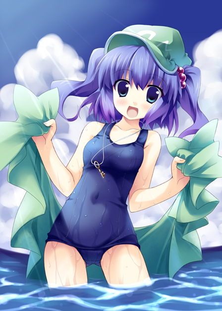 minase, minase (artist), kawashiro nitori, touhou, 1girl, blue eyes, blue hair, cloud, day, female focus, hair bobbles, hair ornament, hat, jewelry, key, matching hair/eyes, one-piece swimsuit, pendant, school swimsuit, sky, solo, swimsuit, towel, twintails, two side up, water, wet