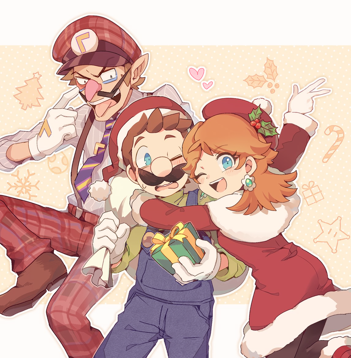 kayako (bimabima), luigi, princess daisy, super star (mario), waluigi, mario (series), nintendo, 1girl, 2boys, blue eyes, blue overalls, blush, brown hair, brown shoes, christmas, earrings, facial hair, flower earrings, gift, gloves, hat, heart, holding, holding gift, holding sack, jewelry, long hair, multiple boys, mustache, one eye closed, overalls, pointy ears, red hat, sack, santa hat, shoes, tongue, tongue out, v, white gloves