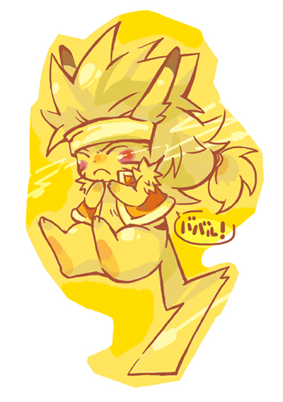 pikachu, rei (breath of fire), breath of fire, breath of fire iii, capcom, nintendo, pokemon, pokemon (anime), crossover, gen 1 pokemon, headband, lightning, no humans, parody, pokemon (creature), speech bubble, vest