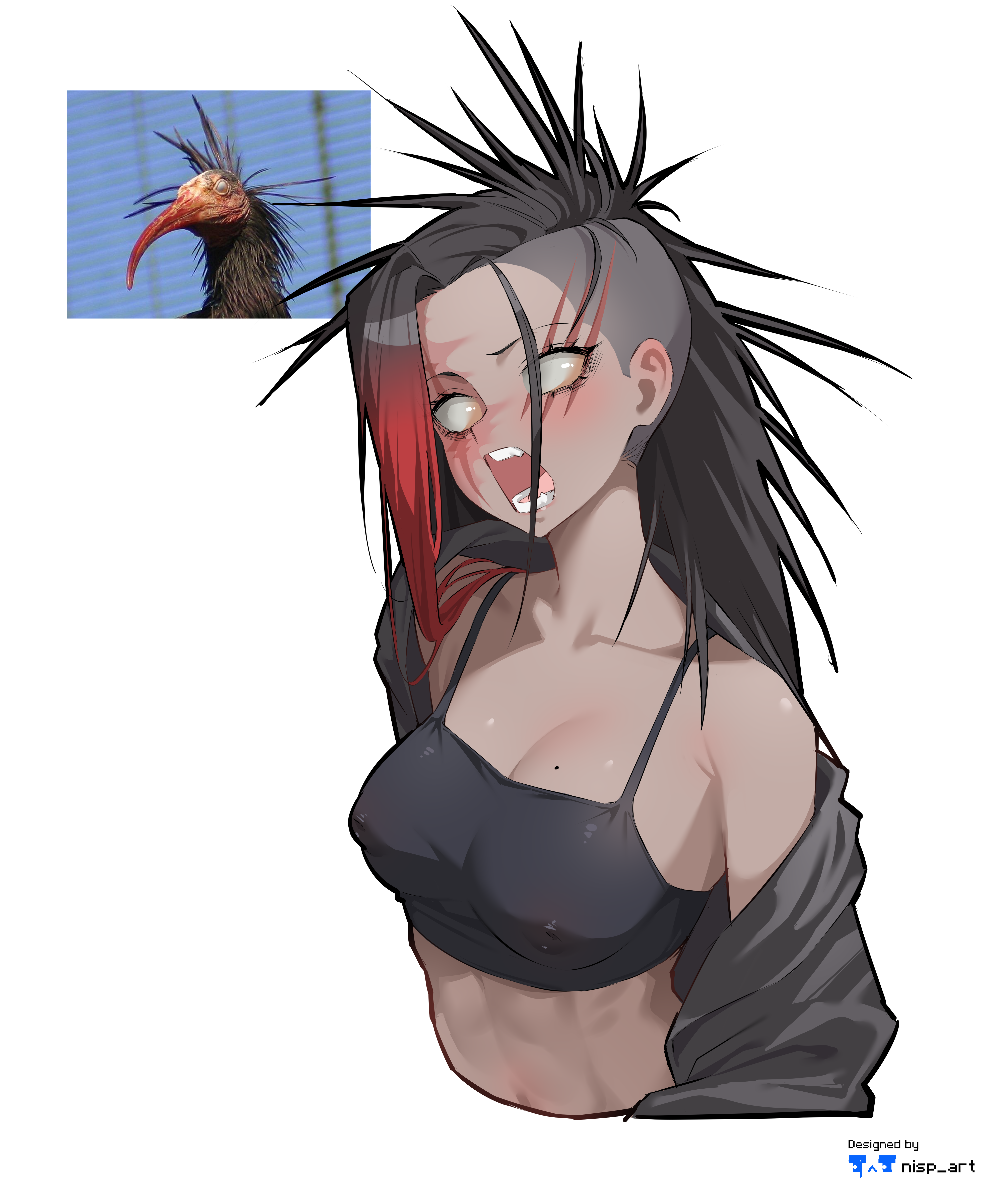 nisp art, original, absurdres, commentary, english commentary, highres, photo-referenced, 1girl, abs, artist name, black bra, black hair, black shirt, bra, breasts, buzz cut, covered erect nipples, cropped torso, dark-skinned female, dark skin, empty eyes, gradient hair, large breasts, long hair, multicolored hair, northern bald ibis, open clothes, open mouth, open shirt, personification, red hair, reference inset, scar, scar across eye, scar on face, shirt, short hair, simple background, single off shoulder, solo, toned, toned female, two-tone hair, underwear, very short hair, white background