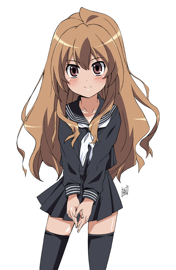 ponpon, aisaka taiga, toradora!, 00s, 1girl, black serafuku, blush, brown eyes, brown hair, female focus, long hair, ribbon, school uniform, serafuku, simple background, skirt, smile, solo, thighhighs, white background, zettai ryouiki