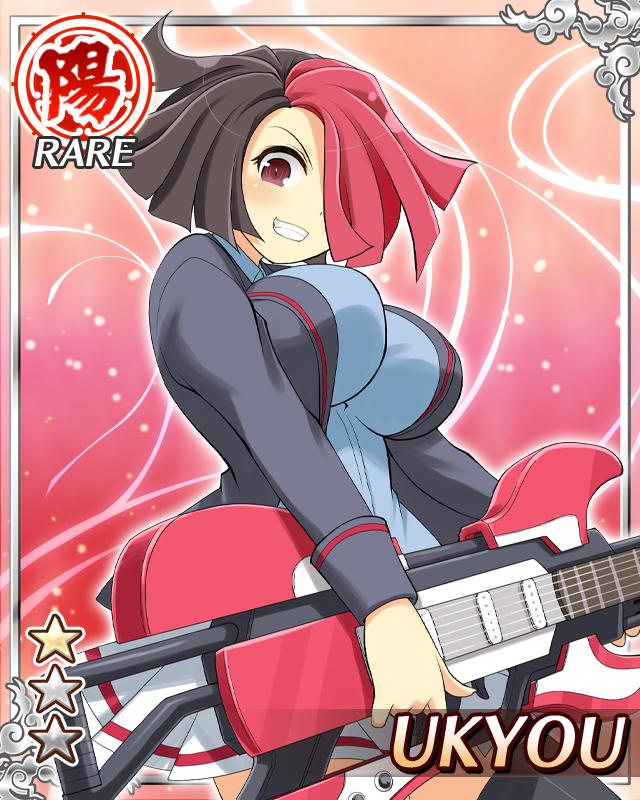 ukyou (senran kagura), senran kagura, senran kagura new wave, game cg, official art, 1girl, black hair, black jacket, black thighhighs, blue shirt, border, breasts, card (medium), character name, clenched teeth, electric guitar, english text, grin, guitar, hair over one eye, holding, holding guitar, holding instrument, instrument, jacket, large breasts, looking at viewer, multicolored hair, official alternate costume, open clothes, open jacket, pleated skirt, red eyes, red hair, school uniform, shirt, short hair, skindentation, skirt, smile, solo, teeth, thighhighs, two-tone hair, white skirt