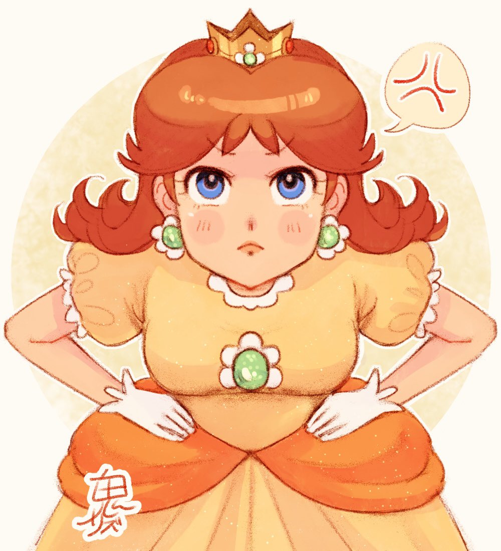 onirizu, princess daisy, mario (series), nintendo, 1girl, anger vein, blue eyes, brown hair, crown, dress, earrings, flower earrings, gloves, hands on own hips, jewelry, long hair, looking at viewer, orange dress, puffy short sleeves, puffy sleeves, short sleeves, spoken anger vein, white gloves