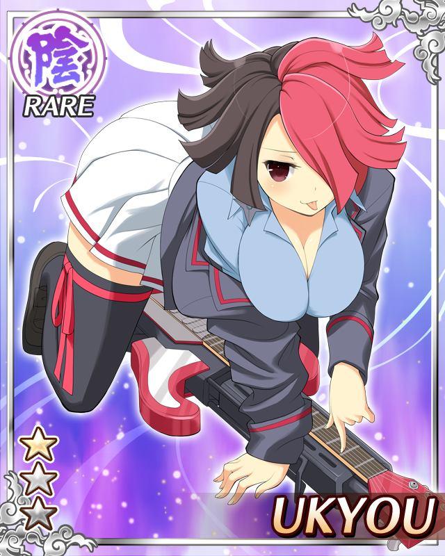 ukyou (senran kagura), senran kagura, senran kagura new wave, game cg, official art, 1girl, all fours, black hair, black jacket, black thighhighs, blue shirt, border, breasts, card (medium), character name, cleavage, electric guitar, english text, guitar, hair over one eye, instrument, jacket, large breasts, looking at viewer, multicolored hair, official alternate costume, open clothes, open jacket, pleated skirt, red eyes, red hair, school uniform, seductive smile, shirt, short hair, shuriken earrings, skindentation, skirt, smile, solo, thighhighs, tongue, tongue out, two-tone hair, white skirt