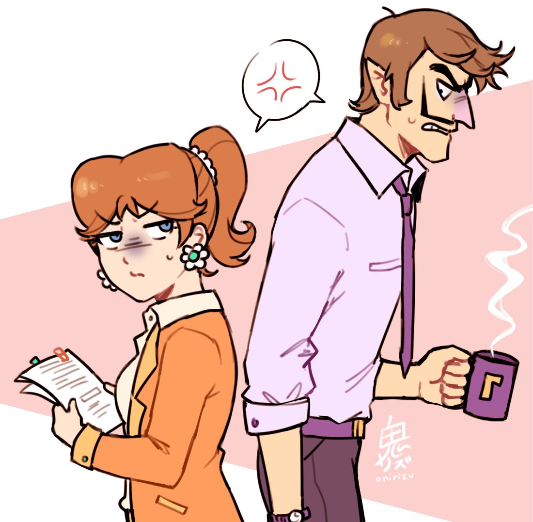 onirizu, princess daisy, waluigi, mario (series), nintendo, 1boy, 1girl, anger vein, artist name, blue eyes, brown hair, coffee, coffee mug, collared shirt, cup, earrings, facial hair, flower earrings, holding, holding paper, jewelry, mug, mustache, necktie, paper, pointy ears, ponytail, purple necktie, purple shirt, shirt, signature, spoken anger vein