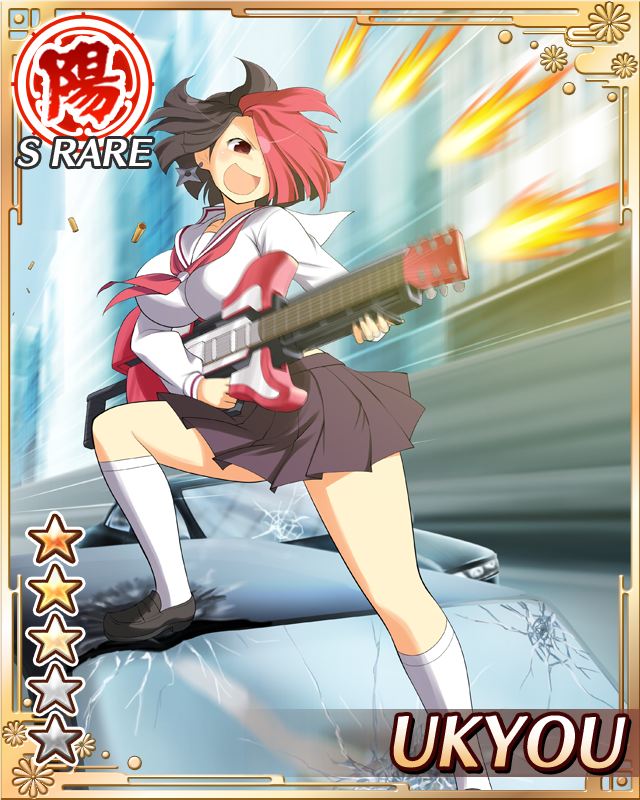ukyou (senran kagura), senran kagura, senran kagura new wave, game cg, official art, 1girl, :d, ankle socks, black hair, black skirt, border, breasts, car, card (medium), character name, damaged, electric guitar, english text, firing, guitar, hair over one eye, holding, holding guitar, holding instrument, instrument, large breasts, motion lines, motor vehicle, multicolored hair, neckerchief, on car, open mouth, pleated skirt, red eyes, red hair, red neckerchief, school uniform, short hair, shuriken earrings, skirt, smile, socks, solo, two-tone hair, weaponized instrument