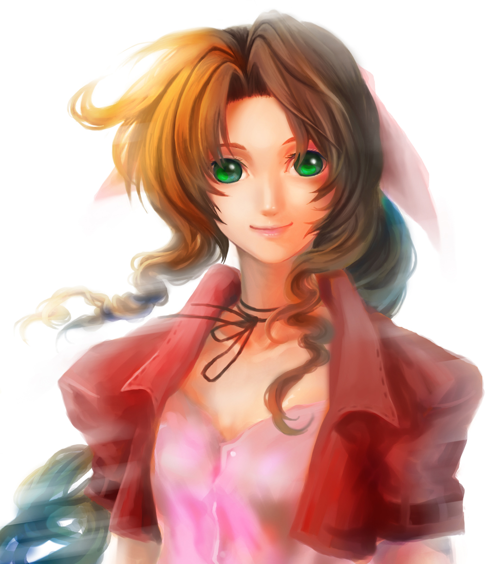 da huang, dai ki, aerith gainsborough, final fantasy, final fantasy vii, 1990s (style), 1girl, bow, brown hair, cropped jacket, female focus, green eyes, hair bow, lipstick, long hair, makeup, pink bow, ponytail, retro artstyle, simple background, smile, solo, white background