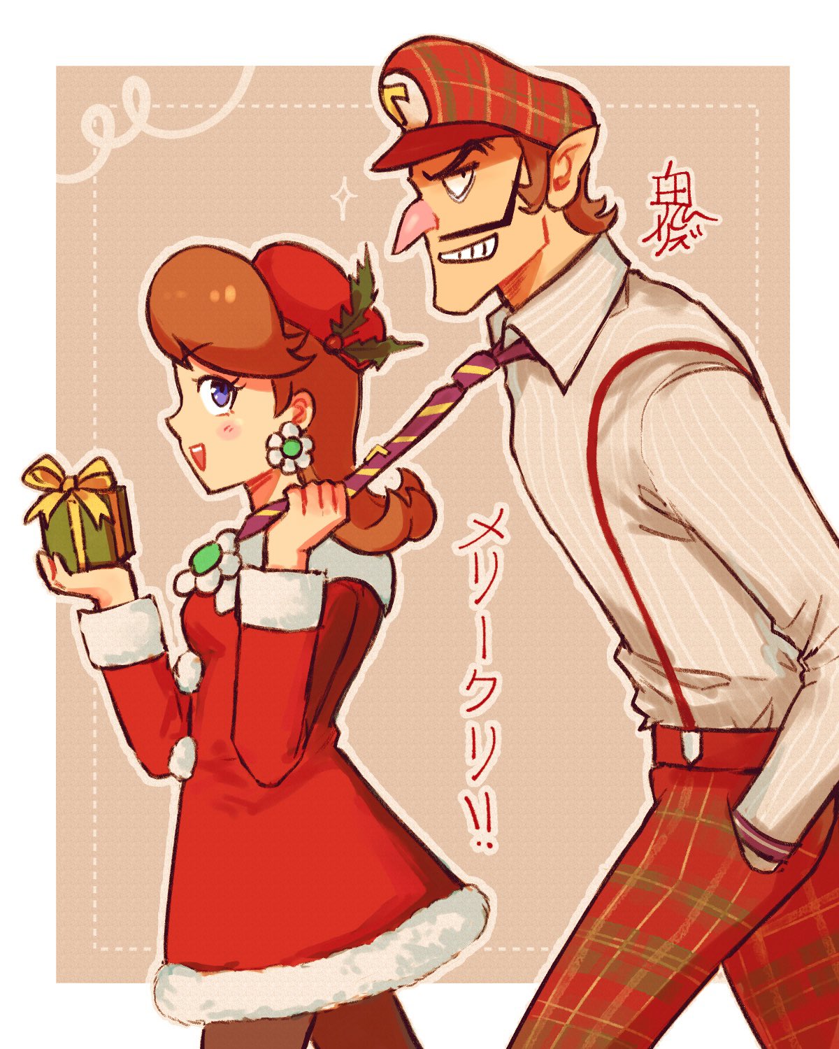 onirizu, princess daisy, waluigi, mario (series), nintendo, highres, 1boy, 1girl, blue eyes, christmas, collared shirt, earrings, flower earrings, from side, gift, hands in pockets, hat, holding, holding gift, jewelry, necktie, pointy ears, red hat, shirt