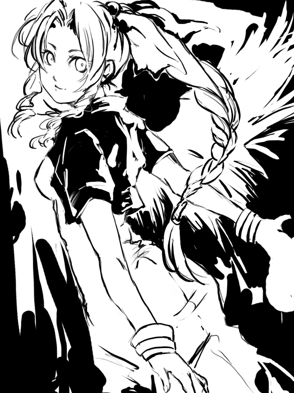 da huang, dai ki, aerith gainsborough, final fantasy, final fantasy vii, bad id, bad pixiv id, highres, 1990s (style), 1girl, bow, bracelet, braid, cropped jacket, dress, female focus, from behind, greyscale, hair bow, high contrast, jewelry, long hair, looking back, monochrome, ponytail, retro artstyle, single braid, sketch, smile, solo