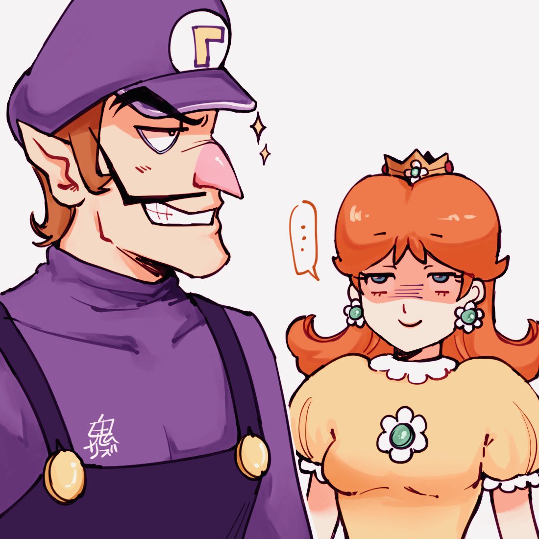 onirizu, princess daisy, waluigi, mario (series), nintendo, …, 1boy, 1girl, black overalls, blue eyes, brown hair, crown, dress, earrings, facial hair, flower earrings, grey background, hat, jewelry, mustache, orange dress, overalls, pointy ears, puffy short sleeves, puffy sleeves, purple hat, purple shirt, shirt, short sleeves, simple background, sparkle