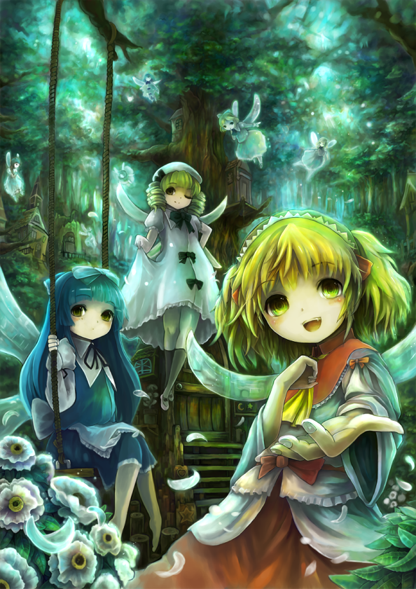 shoukou, luna child, star sapphire, sunny milk, perfect memento in strict sense, touhou, 3girls, dress, fairy, female focus, forest, multiple girls, nature, outdoors, plant