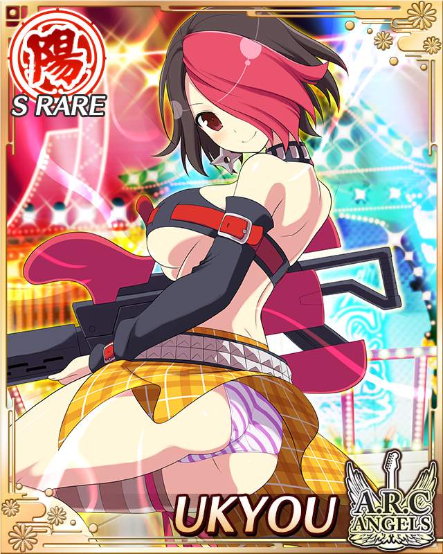 ukyou (senran kagura), senran kagura, senran kagura new wave, game cg, official art, 1girl, aura, belt, black hair, border, breasts, card (medium), character name, cleavage, closed mouth, crop top, detached sleeves, electric guitar, english text, guitar, hair over one eye, holding, holding guitar, holding instrument, instrument, large breasts, multicolored hair, official alternate costume, panties, pink panties, red belt, red eyes, red hair, short hair, showgirl skirt, single thighhigh, smile, solo, stage, striped clothes, striped panties, striped thighhighs, thighhighs, two-tone hair, underboob, underwear