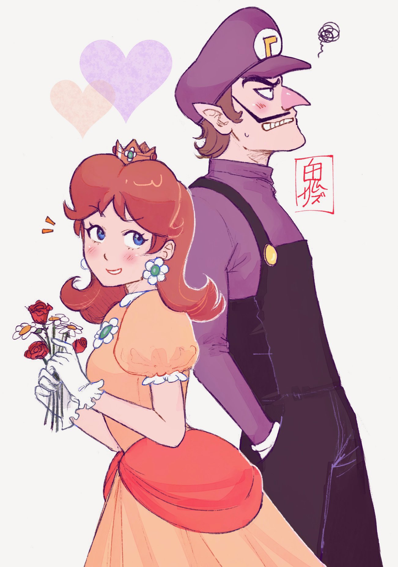 onirizu, princess daisy, waluigi, mario (series), nintendo, highres, 1boy, 1girl, black overalls, blush, brown hair, crown, dress, earrings, flower, flower earrings, gloves, grey background, hat, heart, jewelry, long hair, orange dress, overalls, pointy ears, puffy short sleeves, puffy sleeves, purple hat, purple shirt, shirt, short sleeves, simple background, white gloves
