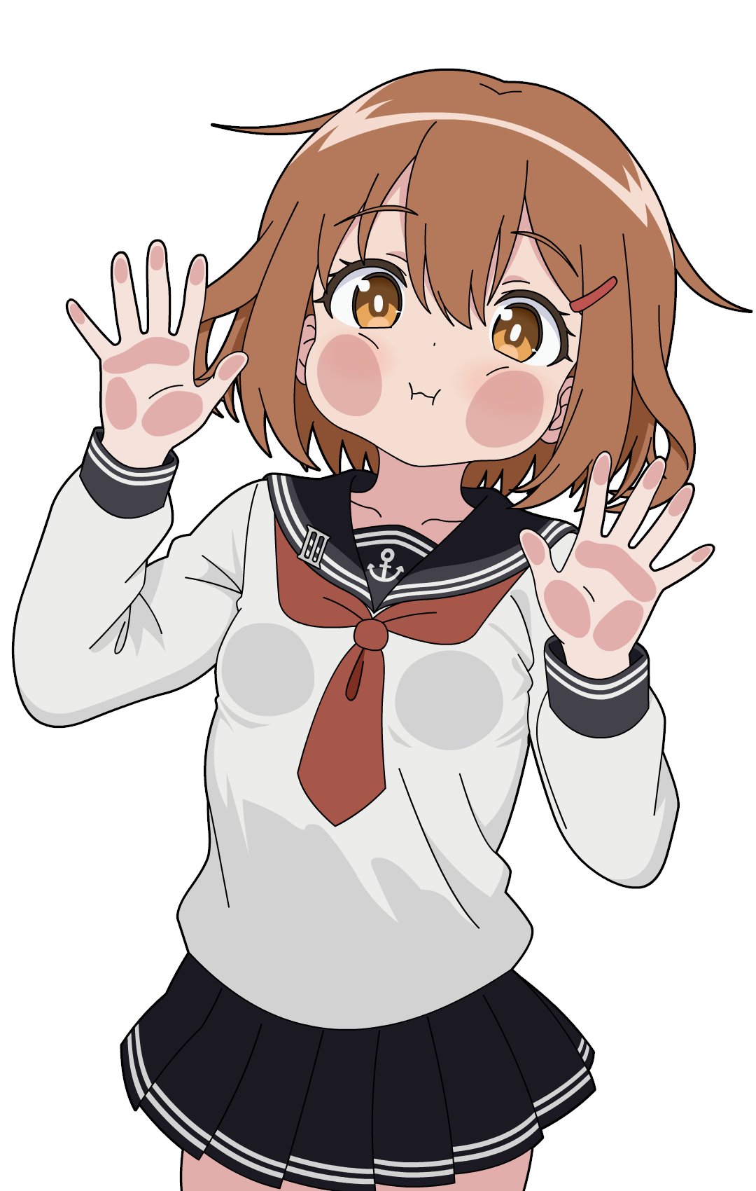 sugapi, ikazuchi (kancolle), kantai collection, highres, 1girl, against glass, anchor symbol, black sailor collar, black skirt, breasts, brown eyes, brown hair, collarbone, hair ornament, hairclip, long sleeves, neckerchief, puffy cheeks, red neckerchief, sailor collar, screen, shirt, short hair, simple background, skirt, small breasts, white background, white shirt