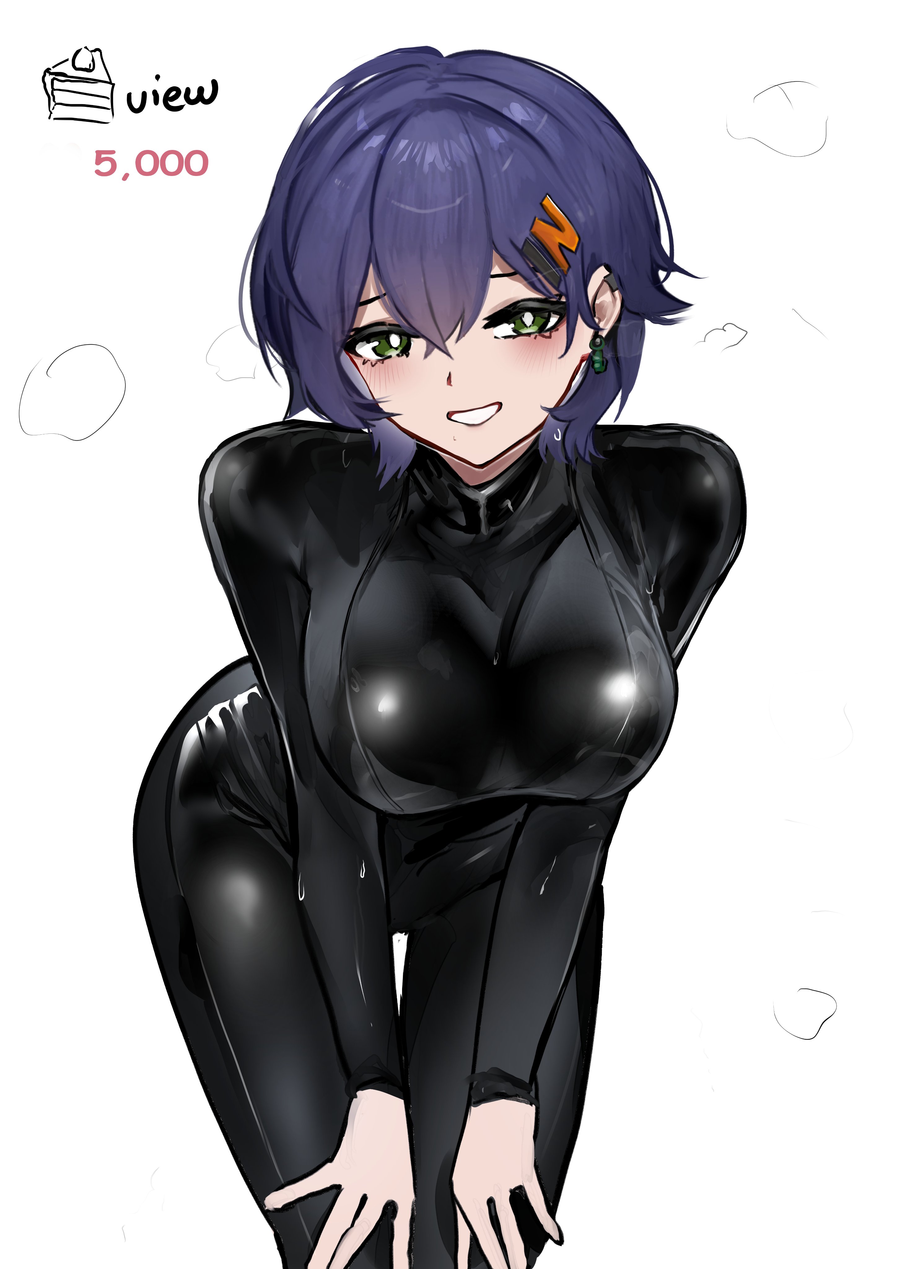 wawamachi, belle (zenless zone zero), zenless zone zero, absurdres, commentary, highres, symbol-only commentary, 1girl, alternate breast size (larger), alternate costume, bent over, black bodysuit, blue hair, blush, bodysuit, breasts, earrings, green eyes, grin, hair between eyes, hair ornament, hands on own knees, heart, jewelry, large breasts, latex, latex bodysuit, letter hair ornament, looking at viewer, short hair, simple background, smile, solo, steam, steaming body, sweat, white background