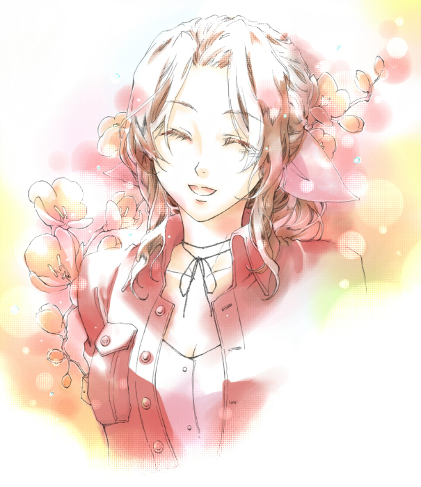 yoshinokakyu, aerith gainsborough, final fantasy, final fantasy vii, 1990s (style), brown hair, closed eyes, cropped jacket, flower, happy, retro artstyle, smile, solo