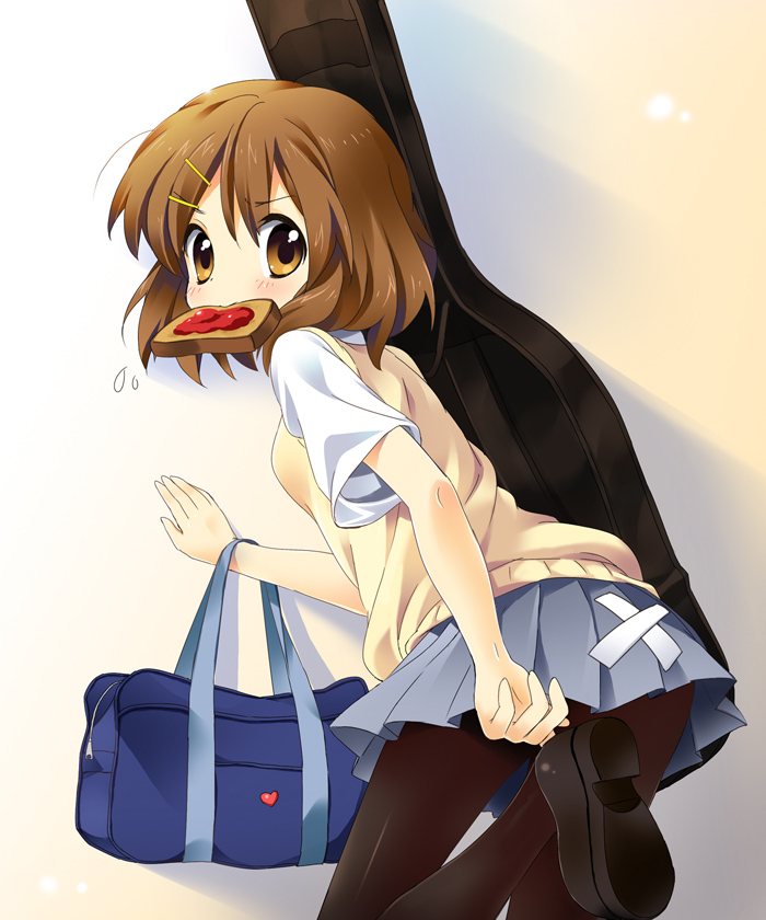 paco, hirasawa yui, k-on!, 00s, 1girl, bag, bandages, bread, bread slice, brown eyes, brown hair, female focus, food, food in mouth, from behind, guitar case, hair ornament, hairclip, instrument case, looking back, mouth hold, pantyhose, putting on footwear, school bag, school uniform, shoes, short hair, skirt, solo, sweatdrop, sweater vest, toast, toast in mouth
