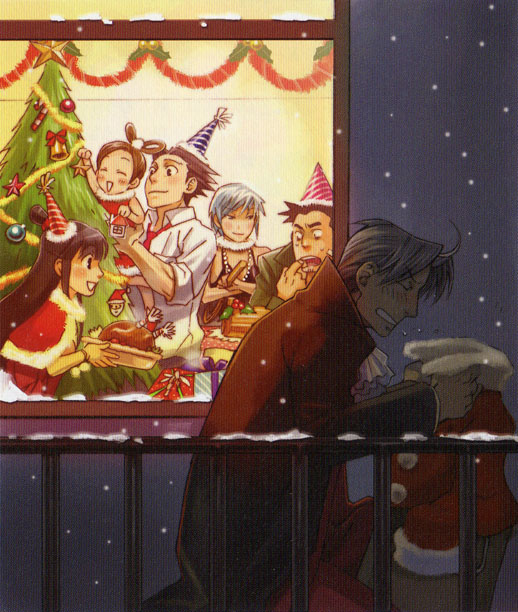 dick gumshoe, franziska von karma, maya fey, miles edgeworth, pearl fey, phoenix wright, ace attorney, capcom, 3boys, 3girls, christmas, christmas tree, cold, multiple boys, multiple girls, santa costume, snow