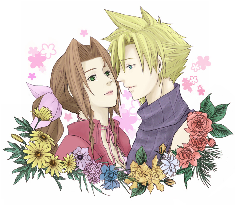 geist01, aerith gainsborough, cloud strife, final fantasy, final fantasy vii, 1990s (style), 1boy, 1girl, blonde hair, blue eyes, bow, brown hair, couple, cropped jacket, daisy (flower), eye contact, flower, green eyes, hair bow, hetero, lipstick, looking at another, makeup, pink bow, ponytail, retro artstyle, rose, spiked hair