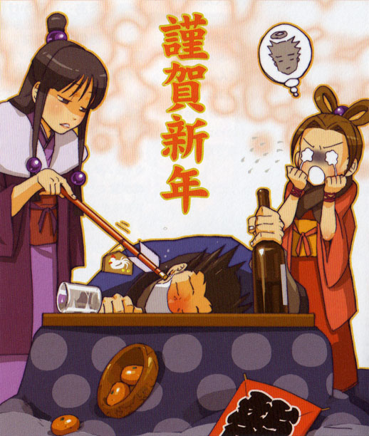 maya fey, pearl fey, phoenix wright, ace attorney, capcom, official art, 1boy, 2girls, alcohol, cup, drinking glass, drunk, food, fruit, hair ornament, japanese clothes, kite, kotatsu, mandarin orange, mask, mouth mask, multiple girls, new year, sake, speech bubble, sphere hair ornament, table, thought bubble