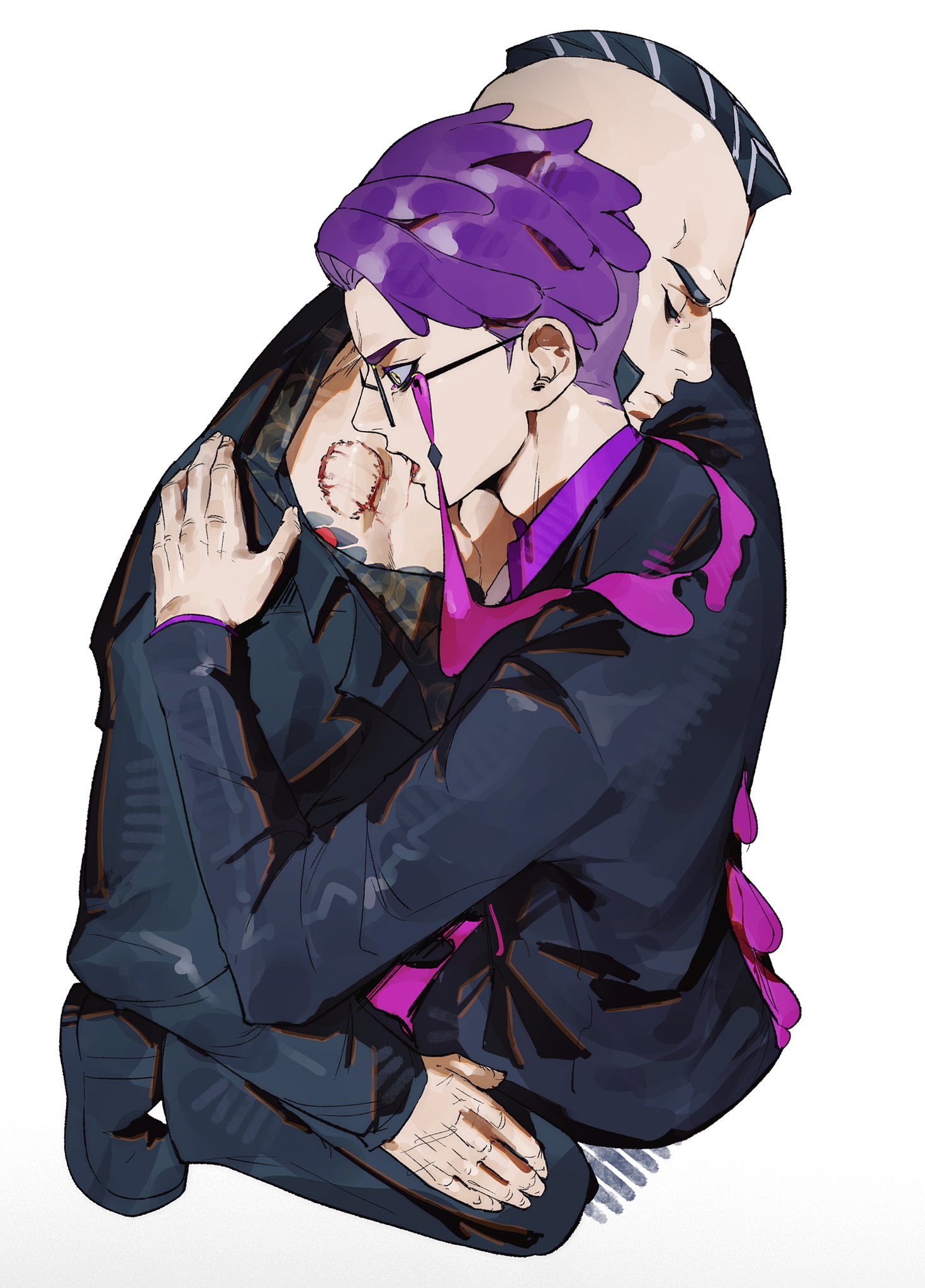 shu0718, corbeau (pokemon), philippe (pokemon), nintendo, pokemon, pokemon legends: z-a, highres, 2boys, bite mark, biting, black hair, black jacket, black pants, black shirt, black suit, blood on mouth, closed eyes, closed mouth, collared shirt, formal clothes, glasses, hands on another's shoulders, hands on own thighs, jacket, male focus, mohawk, multiple boys, pants, purple hair, purple shirt, shirt, short hair, sideburns, simple background, suit, suit jacket, undercut, white background, yaoi, yellow eyes