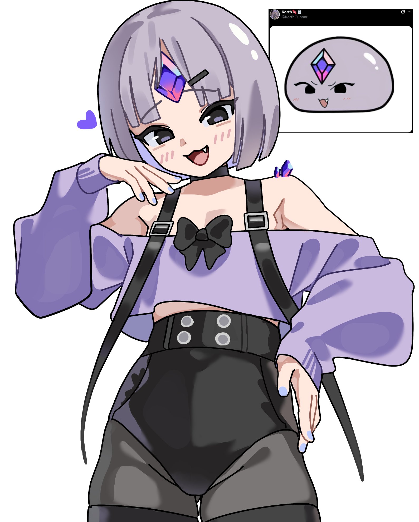 gurumie, pebble (koseki bijou), hololive, hololive english, commentary, english commentary, highres, 1girl, :3, :d, black bow, black bowtie, black choker, black shorts, blush, bob cut, bow, bowtie, choker, cowboy shot, forehead jewel, furrowed brow, gem, grey eyes, grey hair, grey pantyhose, hand on own hip, hand up, heart, high-waist shorts, long sleeves, looking at viewer, material growth, off-shoulder sweater, off shoulder, open mouth, pantyhose, personification, purple gemstone, purple sweater, reference inset, shorts, simple background, smile, solo, standing, strap, sweater, virtual youtuber, white background