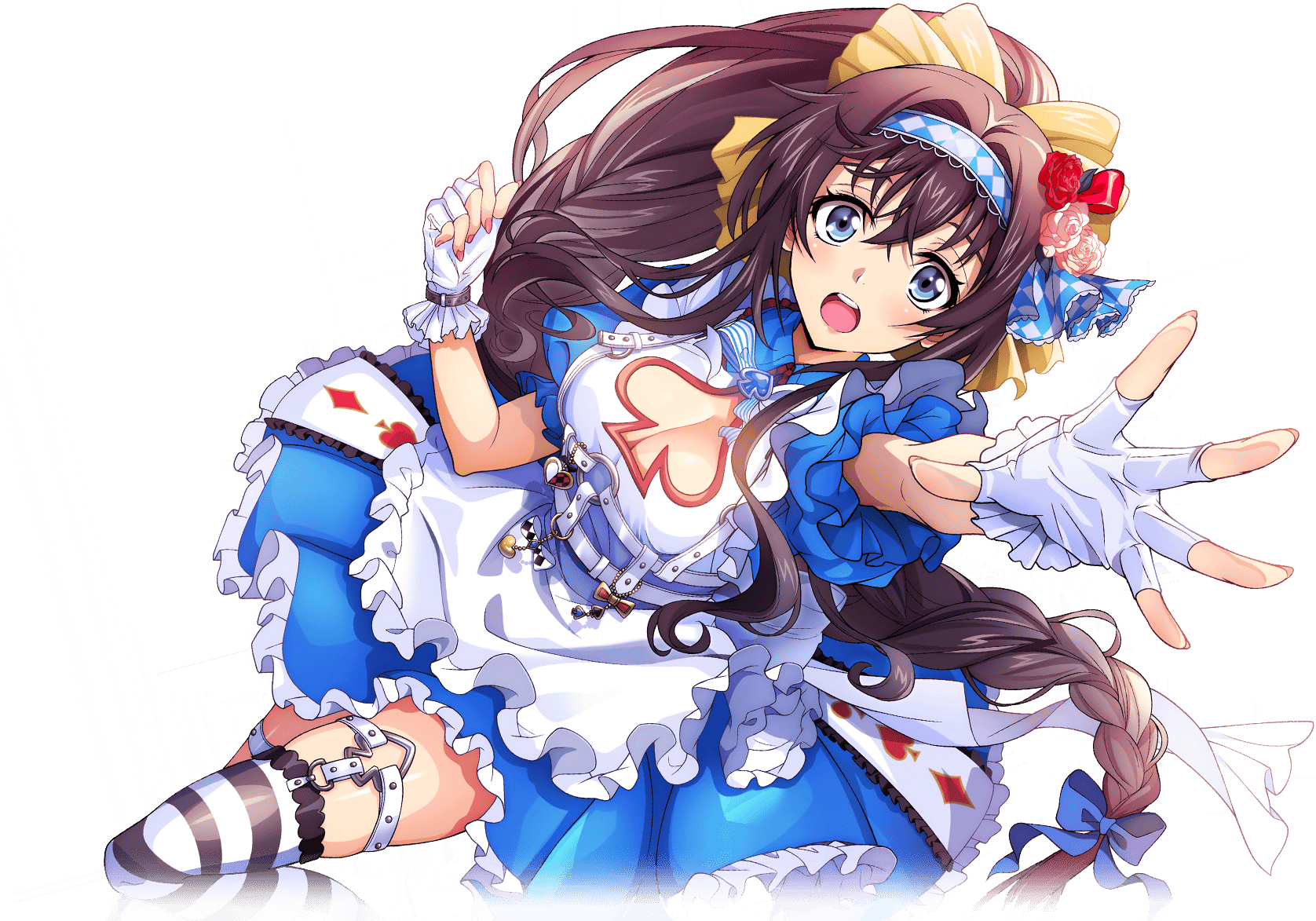 f4samurai, maya disel, code geass, code geass: lost stories, highres, official art, 1girl, black hair, blue eyes, blue ribbon, braid, cleavage cutout, clothing cutout, gloves, long hair, open mouth, ponytail, ribbon, solo, teeth, thighhighs, white gloves