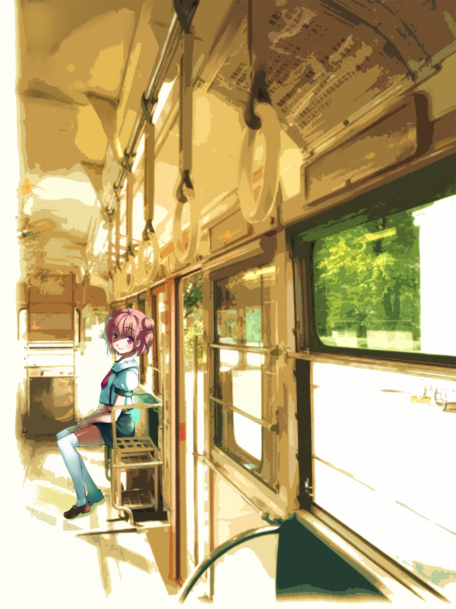 kodamasawa izumi, hinata yuuhi, soshite ashita no sekai yori, bad id, bad pixiv id, highres, 1girl, female focus, legs, pink eyes, pink hair, school uniform, serafuku, sitting, smile, solo, thighhighs, train, train interior, vanishing point