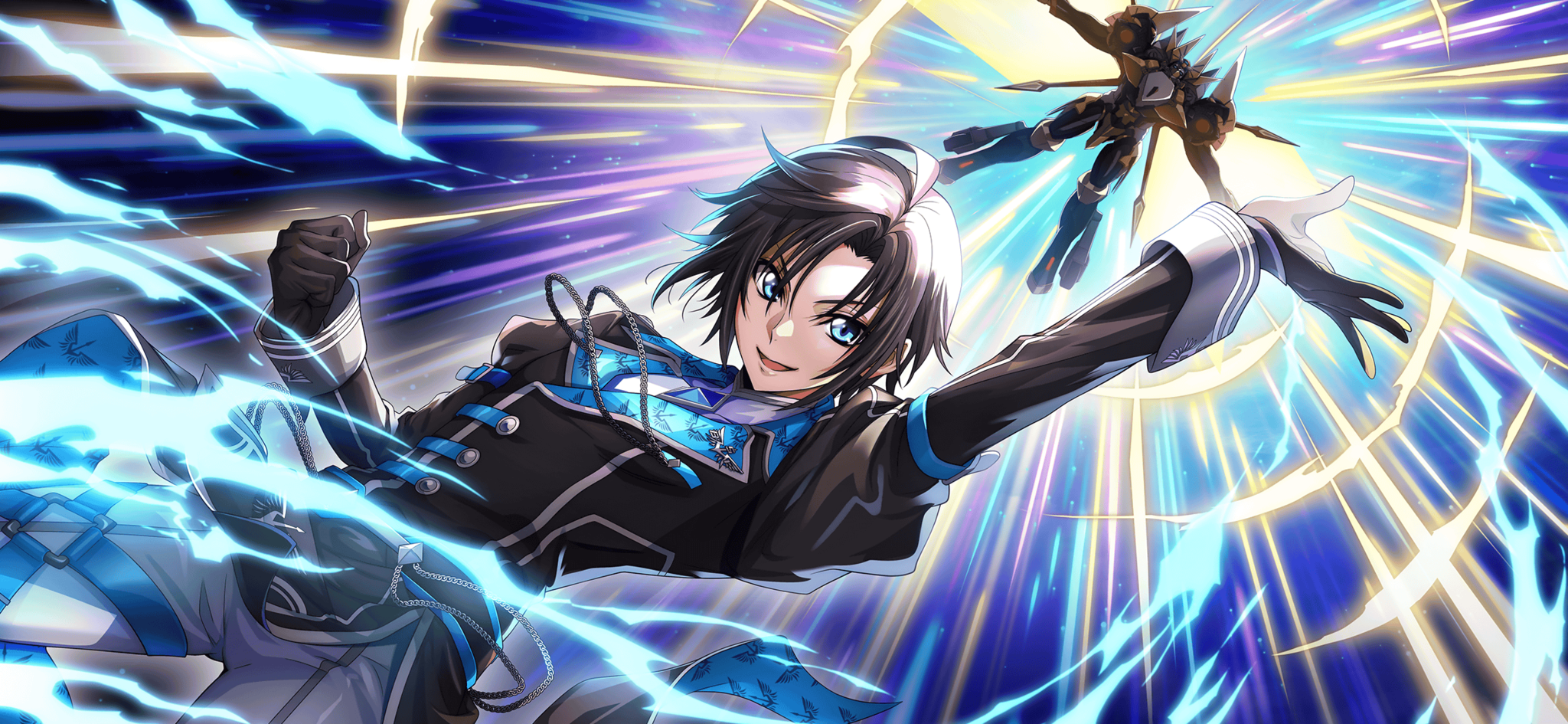 f4samurai, mario disel, code geass, code geass: lost stories, commentary request, highres, official art, 1boy, black gloves, black hair, black jacket, blue eyes, gloves, jacket, knightmare frame, mecha, open mouth, robot, short hair, smile, solo