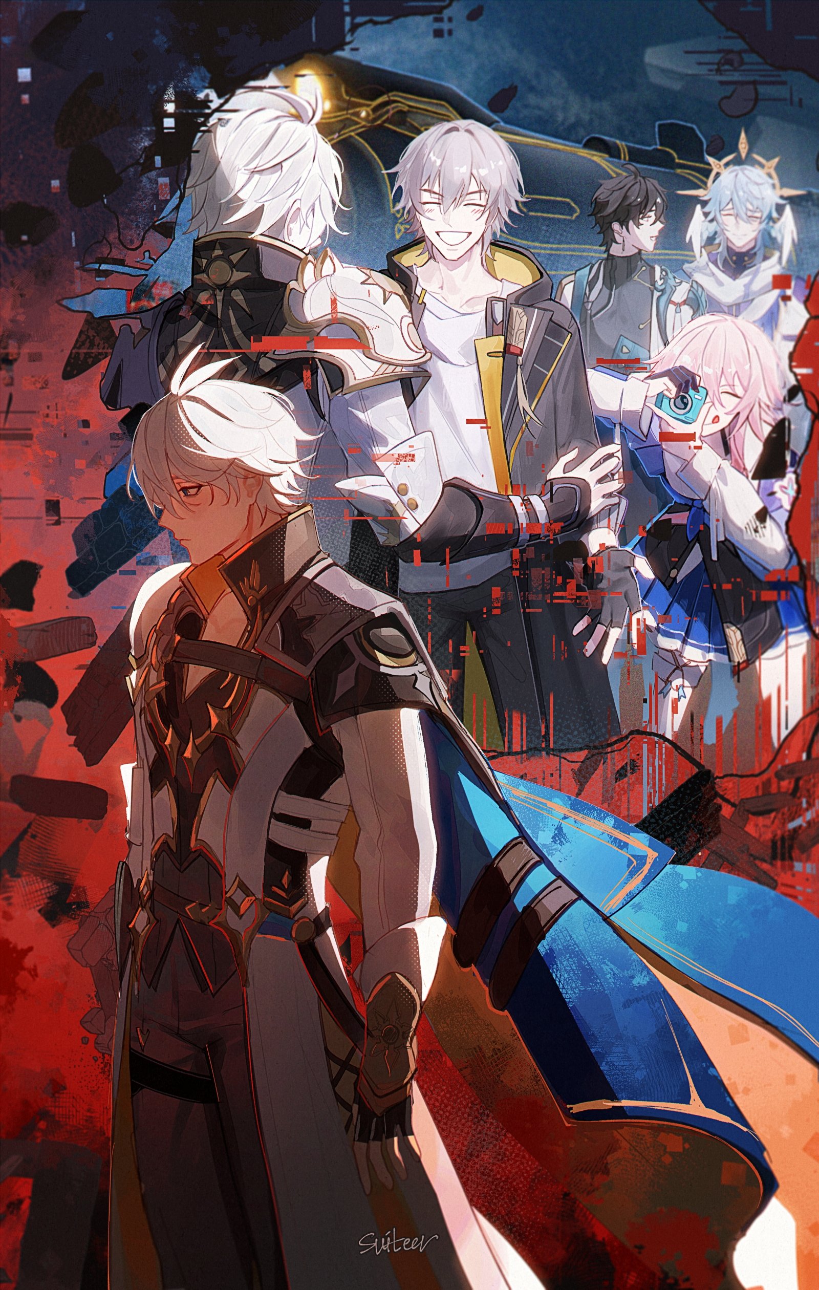 moonya, caelus (honkai: star rail), dan heng (honkai: star rail), dan heng (hunt) (honkai: star rail), march 7th (honkai: star rail), march 7th (preservation) (honkai: star rail), phainon (honkai: star rail), sunday (honkai: star rail), trailblazer (honkai: star rail), honkai: star rail, honkai (series), absurdres, commentary, english commentary, highres, 1girl, 4boys, antenna hair, armor, artist name, astral express (honkai: star rail), belt, black belt, black choker, black coat, black gloves, black hair, black pants, black shirt, blue cape, blue eyes, blue hair, blue jacket, blue skirt, blush, breasts, brown eyes, camera, cape, chinese clothes, choker, closed eyes, closed mouth, coat, collarbone, collared shirt, constellation print, cowboy shot, earrings, feathered wings, fingerless gloves, from behind, glitch, gloves, gold earrings, gold trim, grey hair, hair between eyes, halo, halo behind head, hands up, head wings, holding, holding camera, hood, hooded coat, jacket, jewelry, lapels, long sleeves, looking to the side, medium breasts, multicolored jacket, multiple boys, open clothes, open coat, open jacket, orange cape, pants, partially fingerless gloves, pink hair, pleated skirt, puffy long sleeves, puffy sleeves, purple shirt, scarf, shirt, short hair, shoulder armor, sidelocks, single earring, single glove, skirt, smile, standing, sun symbol, t-shirt, taking picture, tassel, teeth, thigh strap, tied jacket, tongue, tongue out, train, two-sided cape, two-sided coat, two-sided fabric, two-tone jacket, white coat, white hair, white jacket, white scarf, white shirt, wings, yellow coat