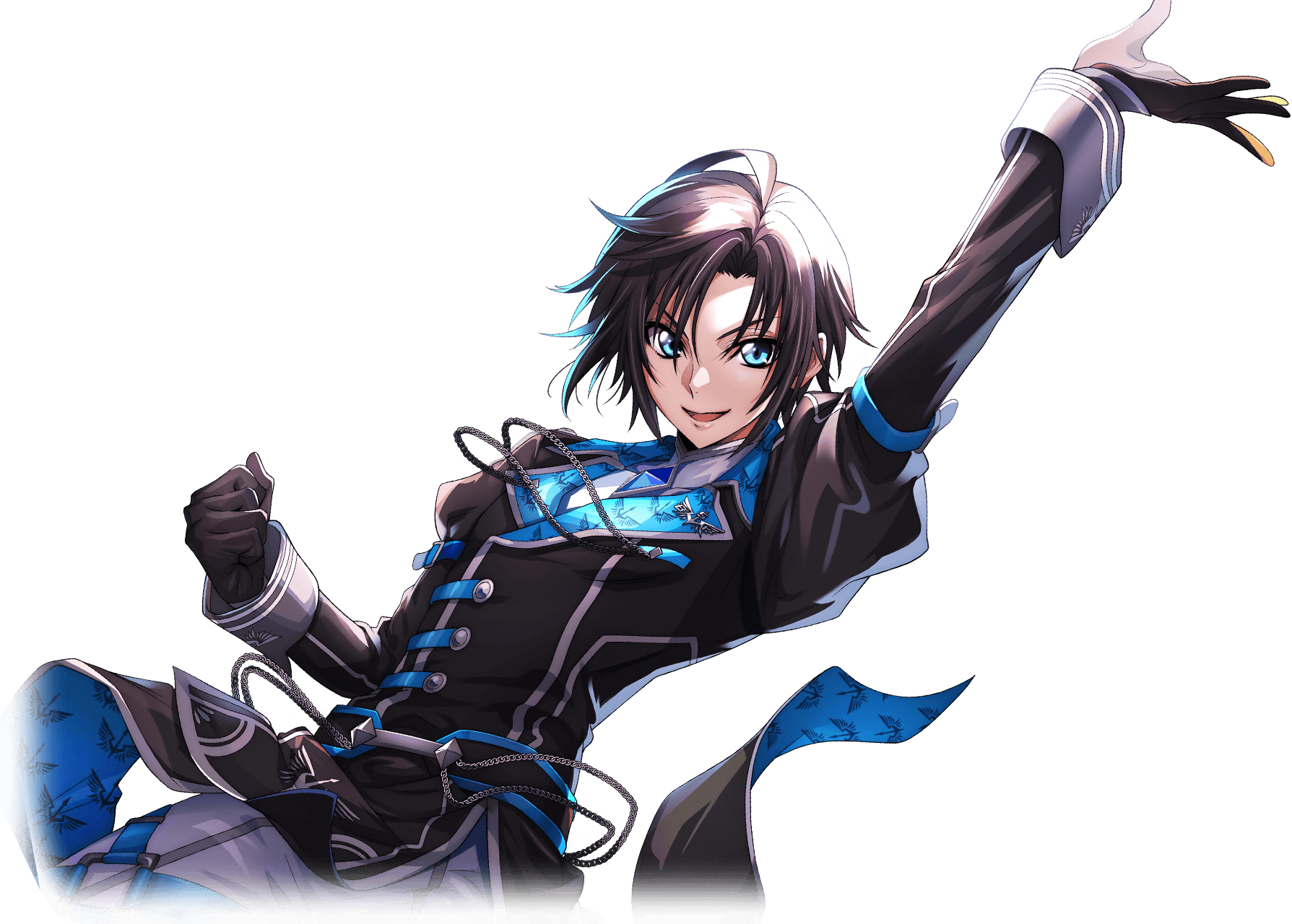 f4samurai, mario disel, code geass, code geass: lost stories, commentary request, highres, official art, 1boy, ahoge, arm up, black gloves, black hair, black jacket, blue eyes, gloves, jacket, open mouth, short hair, smile, solo