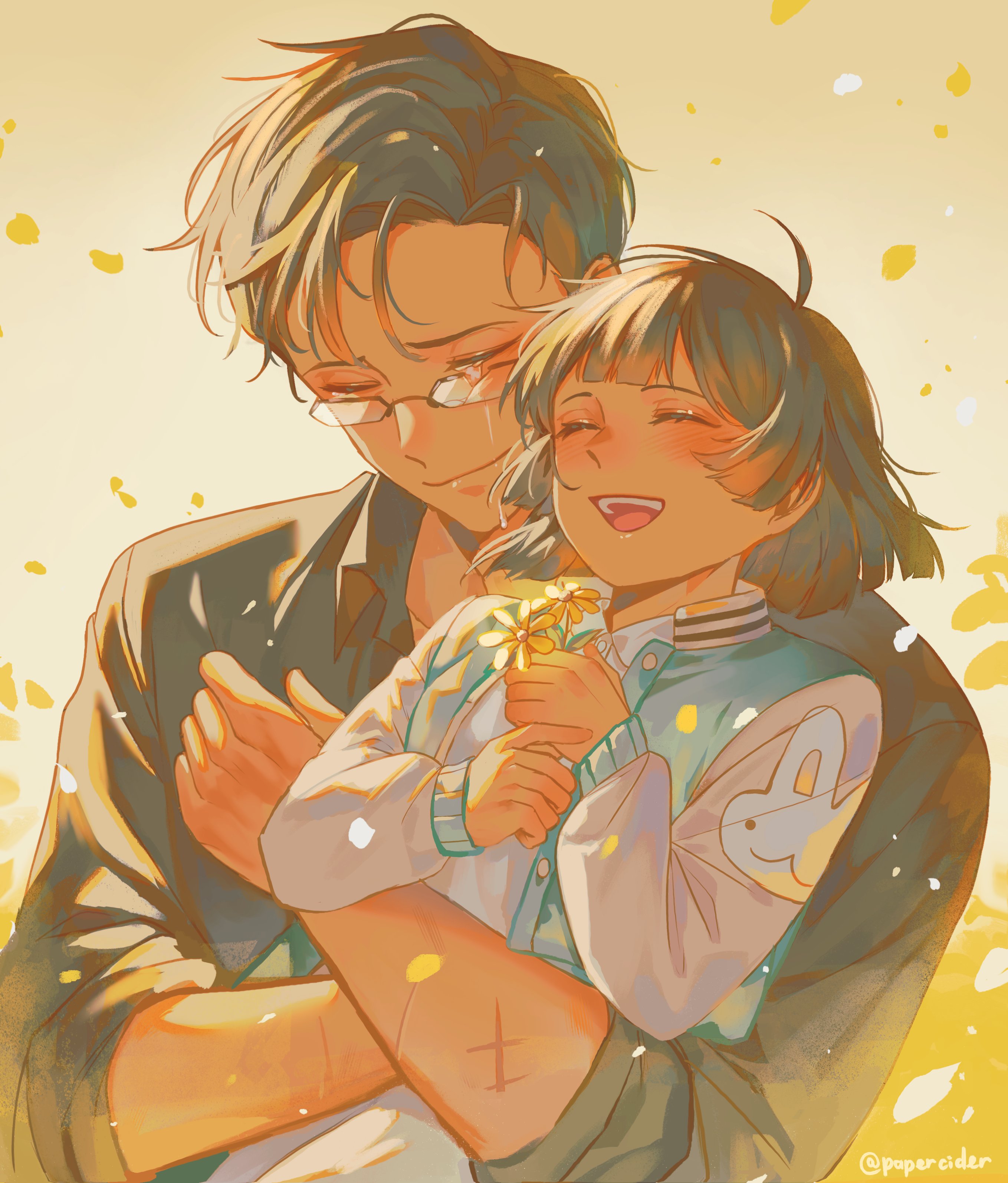 papercider, omniscient reader's viewpoint, absurdres, highres, 1boy, 1girl, ahoge, animal print, black hair, black shirt, blunt bangs, bob cut, closed eyes, collared shirt, father and daughter, flower, glasses, grin, han dareum, han myungoh, holding, holding flower, hug, jacket, multiple scars, rabbit print, scar, scar on arm, shirt, short hair, smile, tears, upper body, warm colored, white shirt