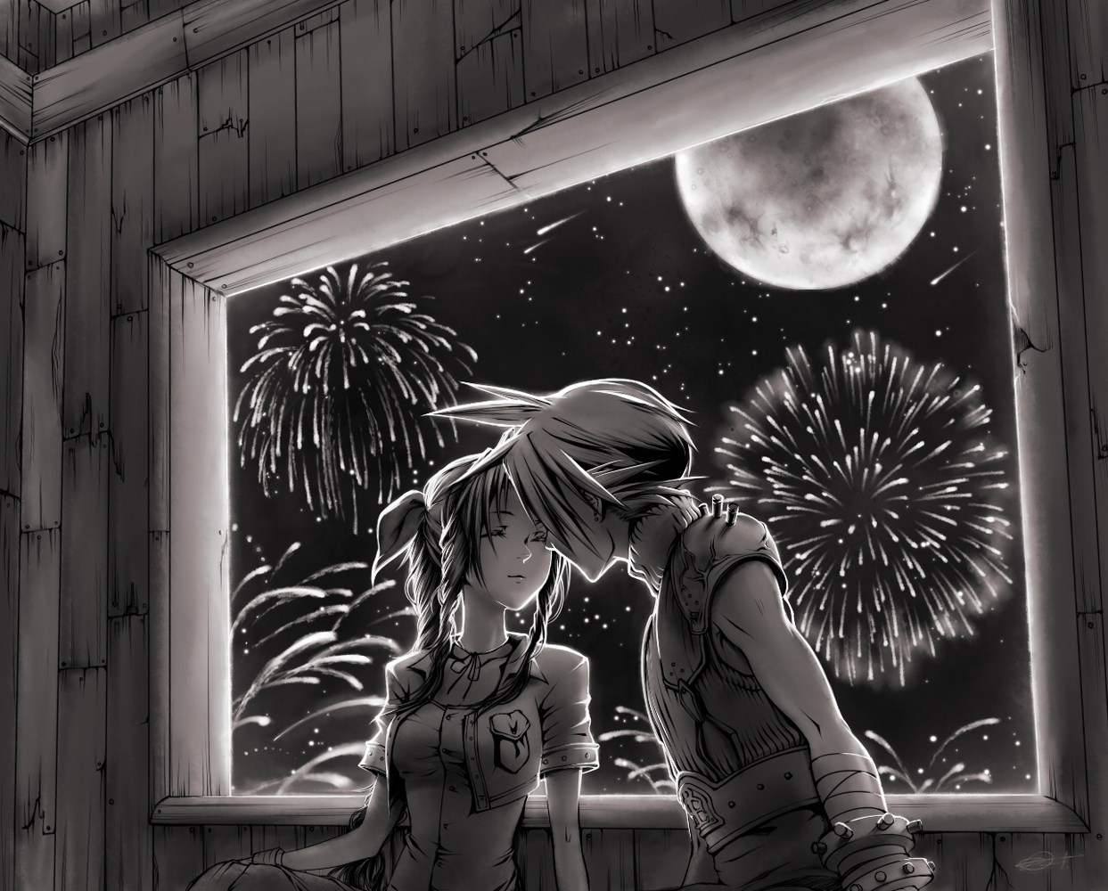 kieta, aerith gainsborough, cloud strife, final fantasy, final fantasy vii, 1990s (style), 1boy, 1girl, aerial fireworks, closed eyes, couple, cropped jacket, dating, fireworks, full moon, gold saucer, gondola, greyscale, hetero, imminent kiss, indoors, meteor, monochrome, moon, night, night sky, ponytail, retro artstyle, shooting star, short sleeves, sidelocks, sky, smile, spiked hair, star (sky), star (symbol), starry sky, window
